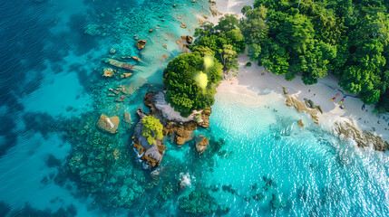 Drone view of a picturesque island with white sandy beaches, turquoise waters, and a coral reef surrounding it, making it a perfect paradise for nature lovers and vacationers