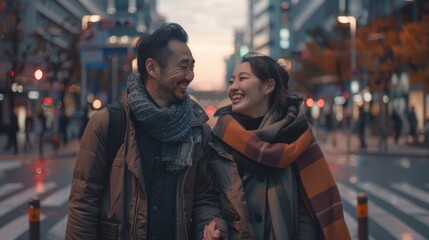 Fototapeta premium An artistic close-up shot of a couple walking hand in hand, wide smiles, eyes closed