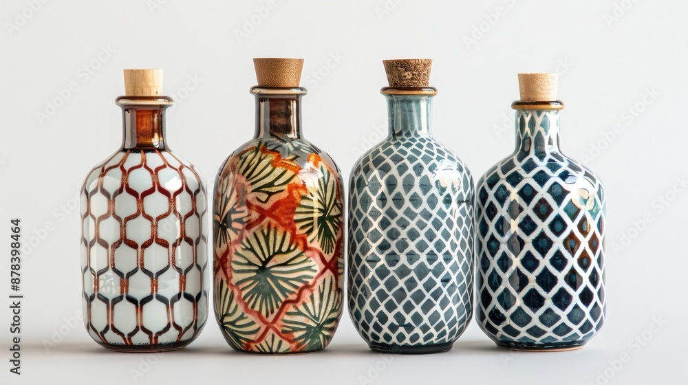 Aufkleber four patterned glass bottles and glasses displayed in front view on white background