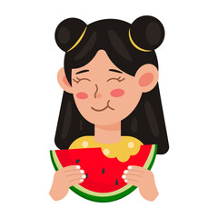 Cute girl with a slice of watermelon. Funny character in flat style. Vector illustration isolated on white background