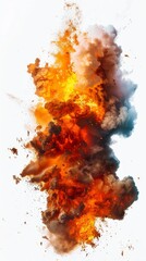 Witness a fiery explosion rising with black smoke, flames of orange, red, and yellow illuminating the scene against a stark white background