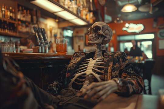 Humorous scene of a skeleton enjoying a pint of beer at a cozy pub bar