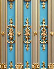 3d seamless pattern, vertical stripes with golden baroque ornament on blue background, elegant luxurious wallpaper design for wall