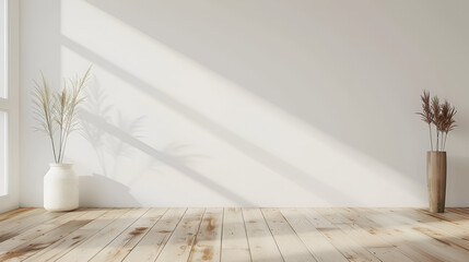 un cuarto minimalista y elegante con muro o pared en color liso blanco y un piso de madera elegante y sofisticado con decoraciones como macetas con plantas y luz exterior