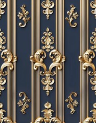 3d seamless pattern, vertical stripes with golden baroque ornament on blue background, elegant luxurious wallpaper design for wall