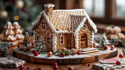 Gingerbread house decorated with white icing and colorful candies standing on a wooden table with christmas decorations. Perfect for christmas projects