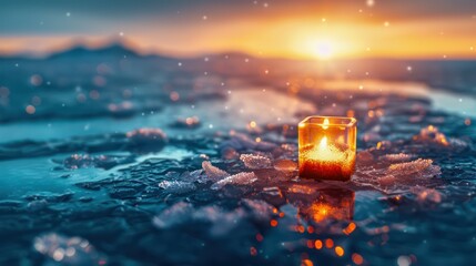 Festive Lamp Illuminates Icy Landscape, A Captivating Winter Scene with a Glowing Candle on Frozen Ground, Reflecting Warmth and Beauty Amidst the Cold