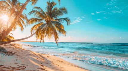 Obraz premium Idyllic tropical beach scene with palm trees swaying in the breeze, golden sand, and crystal clear turquoise waters. Perfect for travel, vacation, and relaxation themes.