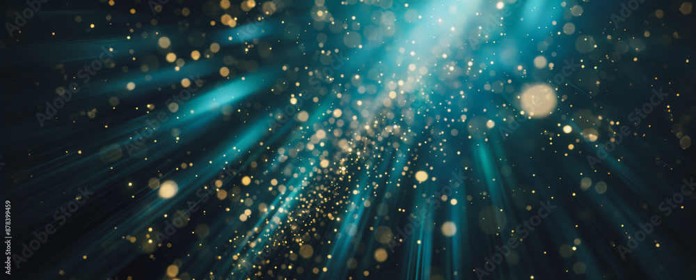 Poster abstract image of blue and gold light rays and bokeh