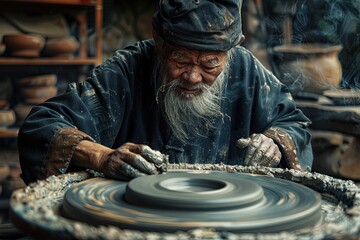 A man is working on a pottery wheel