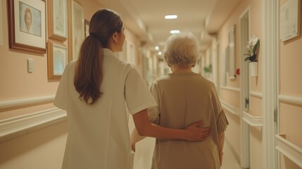 Caregiver assists an elderly senior walk down a hallway in a care home