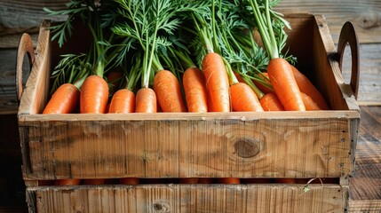 This image showcases a crate filled with freshly picked carrots arranged neatly on a wooden table, highlighting the vibrant orange color and fresh green tops of the vegetables.