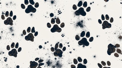 The image displays dark paw prints with surrounding black splatters on a light background, combining an artistic and natural element, suggesting movement and playfulness.