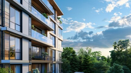 Obraz premium Modern apartment building with large windows and balconies, surrounded by lush greenery.