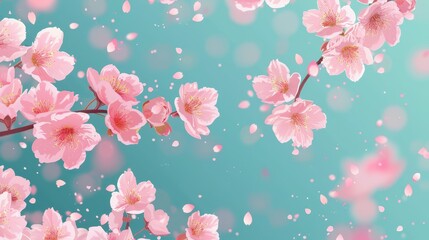 Delicate cherry blossoms swaying in a gentle breeze against a serene blue background, epitomizing beauty, tranquility, and the fleeting nature of life in a digital art style.