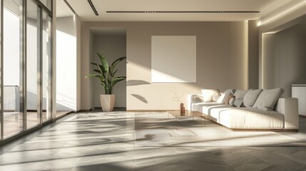 Fototapeta premium Modern living room with large windows, a white sofa, and a blank canvas on the wall. Sunlight streams through the windows.