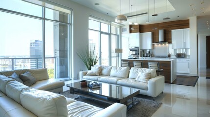 Modern living room with white furniture and large windows overlooking a city skyline.