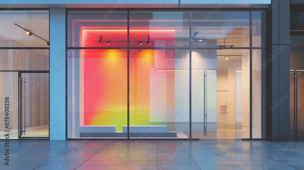 Poster modern storefront with colorful interior lighting and empty display space.