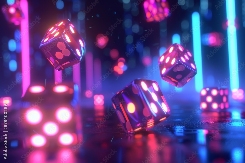 Poster neon glow illuminates a scene of dice floating in a dark room.