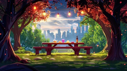A vibrant evening scene set in a park with a picnic table, string lights, and a cityscape in the background, creating a lively and picturesque atmosphere.