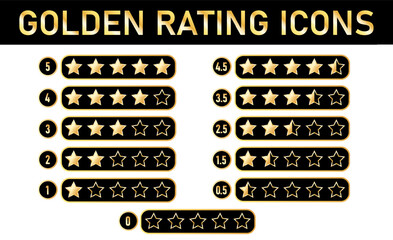 Gold tating icon.  Product rating or customer review with gold stars and half star flat vector icons for apps and websites. Vector graphics