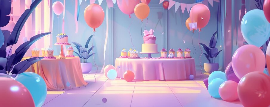 Pastel birthday party with balloons, cake, and decorations.