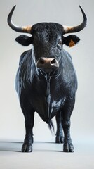 Naklejka premium Powerful black bull with imposing horns and a distinctive nose ring stands proudly against a white backdrop, exuding strength and masculinity