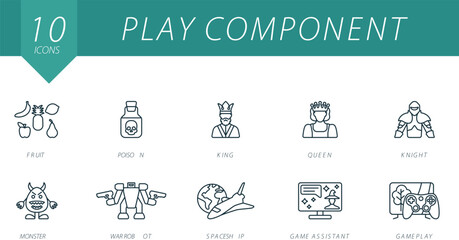 Play component outline icons set. Creative icons: fruit, poison, king, queen, knight, monster, war robot, spaceship, game assistant, gameplay.