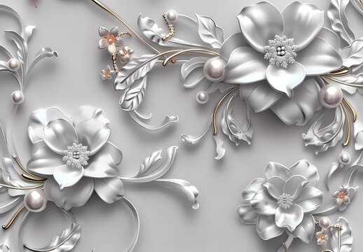 Fototapeta 3d wallpaper background with jewelry, pearls and diamonds, floral swirls on light grey backdrop, elegant and luxurious wall art design for decoration of interior space