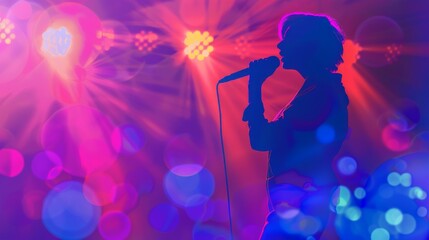Silhouette of a singer performing on stage with colorful lights and bokeh effect.