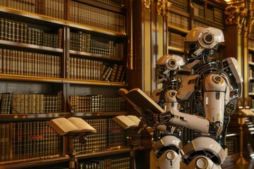 ancient library interior with robotic scholars steampunkinspired automatons scanning scrolls with laser beams knowledge acquisition concept