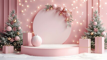 An elegant Christmas scene in a soft pink hue features gifts, decorated Christmas trees, and sparkling fairy lights, creating a dreamy festive atmosphere that feels magical and joyful.