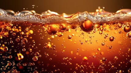 This image showcases a close-up view of effervescent bubbles in an amber-colored liquid, possibly soda or beer, with a foamy top layer and bright light reflections.