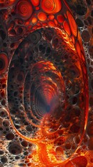 Abstract organic tunnel glowing red hot with lava flowing through, an artistic illustration. Perfect for backgrounds, websites, or print projects