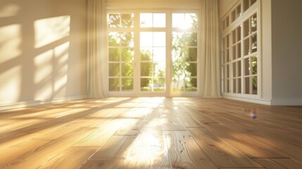 Sunlight streams through a large window into an empty room with hardwood floors.