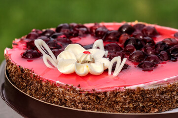 Cake with jelly and cream outdoors closeup. Selective focus, blurred natural background