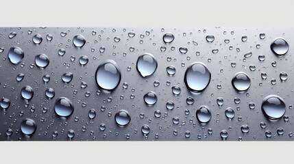Detailed view of numerous water droplets clustered on a grey surface, capturing the texture and sparkle of rain in a vividly realistic and intricate style, bringing out its essence.