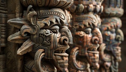 Three intricately carved stone faces with ornate details.