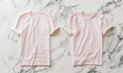 Two blank t-shirts in soft pink, front view, on a smooth white marble background with subtle veining. The elegant backdrop adds sophistication to branding mockups.