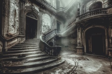 Eerie atmosphere in deserted home  wooden floors, staircase, and candlelight infuse mystery