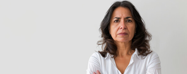 Unhappy middle-aged Hispanic woman against a white background banner with copy space.