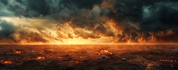 Fiery apocalypse with burning earth under stormy sky, symbolizing climate change impact. Evokes heat and destruction