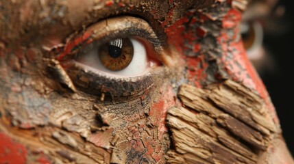 Closeup of a woman's eye covered in wood texture makeup.