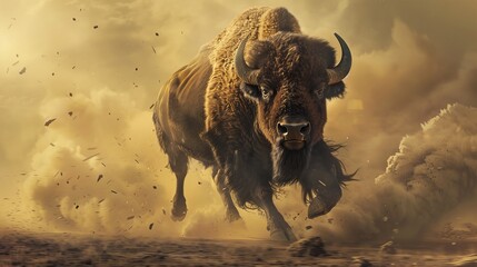 Powerful american bison charges through dusty landscape, exuding strength and resilience