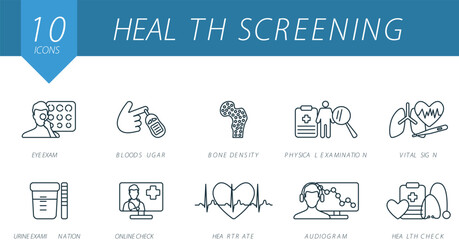 Health screening outline icons set. Creative icons: eye exam, blood sugar, bone density, physical examination, vital sign, urine examination and more