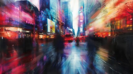 Obraz premium abstract cityscape with blurred figures in motion creating a sense of urban energy and flow with streaks of light and color