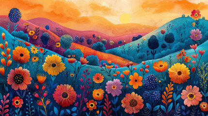 Watercolor poster of a colorful flower garden, sunny with subtle gradient effects.