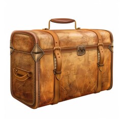 Vintage leather suitcase with brass accents and buckles, isolated on white background.