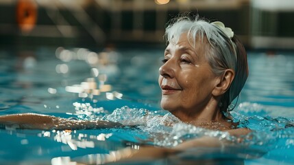 Senior Woman Participating in Aquatic Therapy Exercises in Indoor Pool for Fitness and Wellness