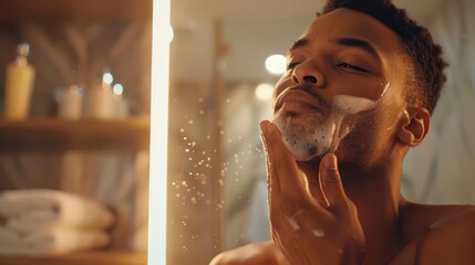 A close-up photograph of a man applying aftershave lotion, rubbing it into his freshly shaved skin, a look of satisfaction